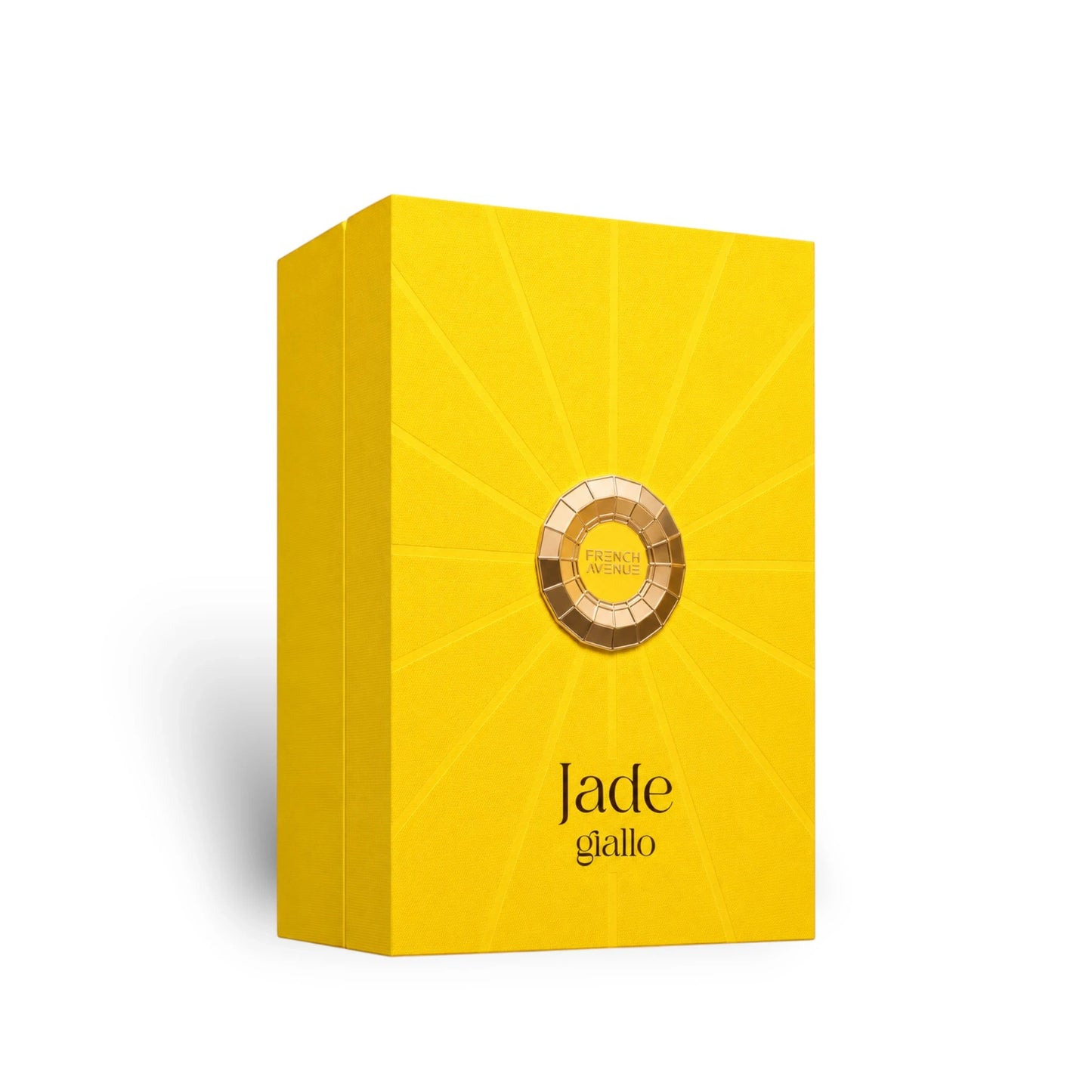 Soghaat Jade Giallo Extrait de Parfum 100ml bottle in a yellow sunburst textured box with gold accents.