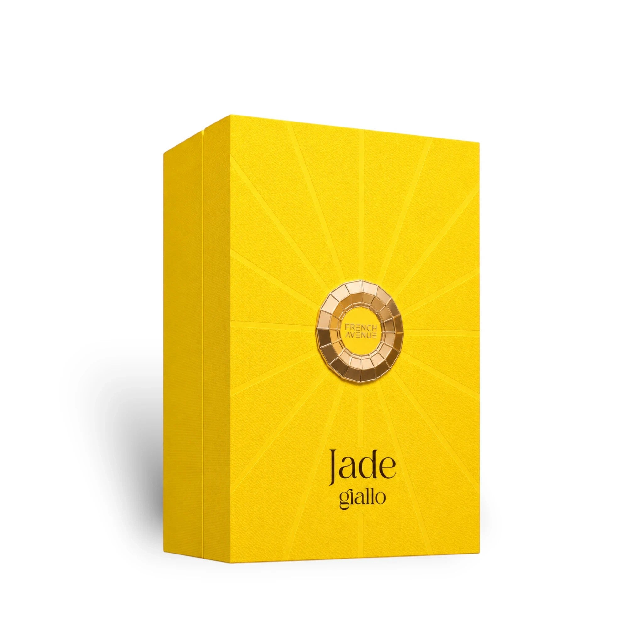 Soghaat Jade Giallo Extrait de Parfum 100ml bottle in a yellow sunburst textured box with gold accents.