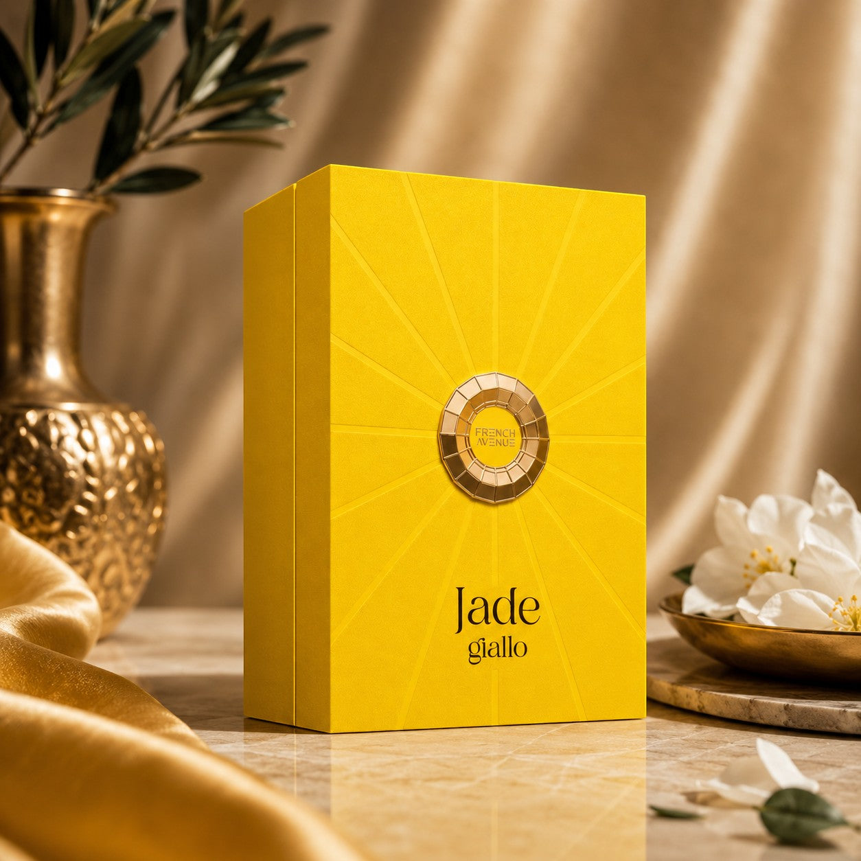 Soghaat Jade Giallo Extrait de Parfum in a bright yellow box with sunburst embossed design and gold accent.