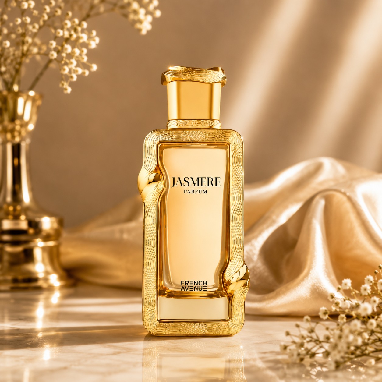 Soghaat Jasmere by French Avenue 100ml Extrait de Parfum in an ornate gold bottle on a marble surface with silk.