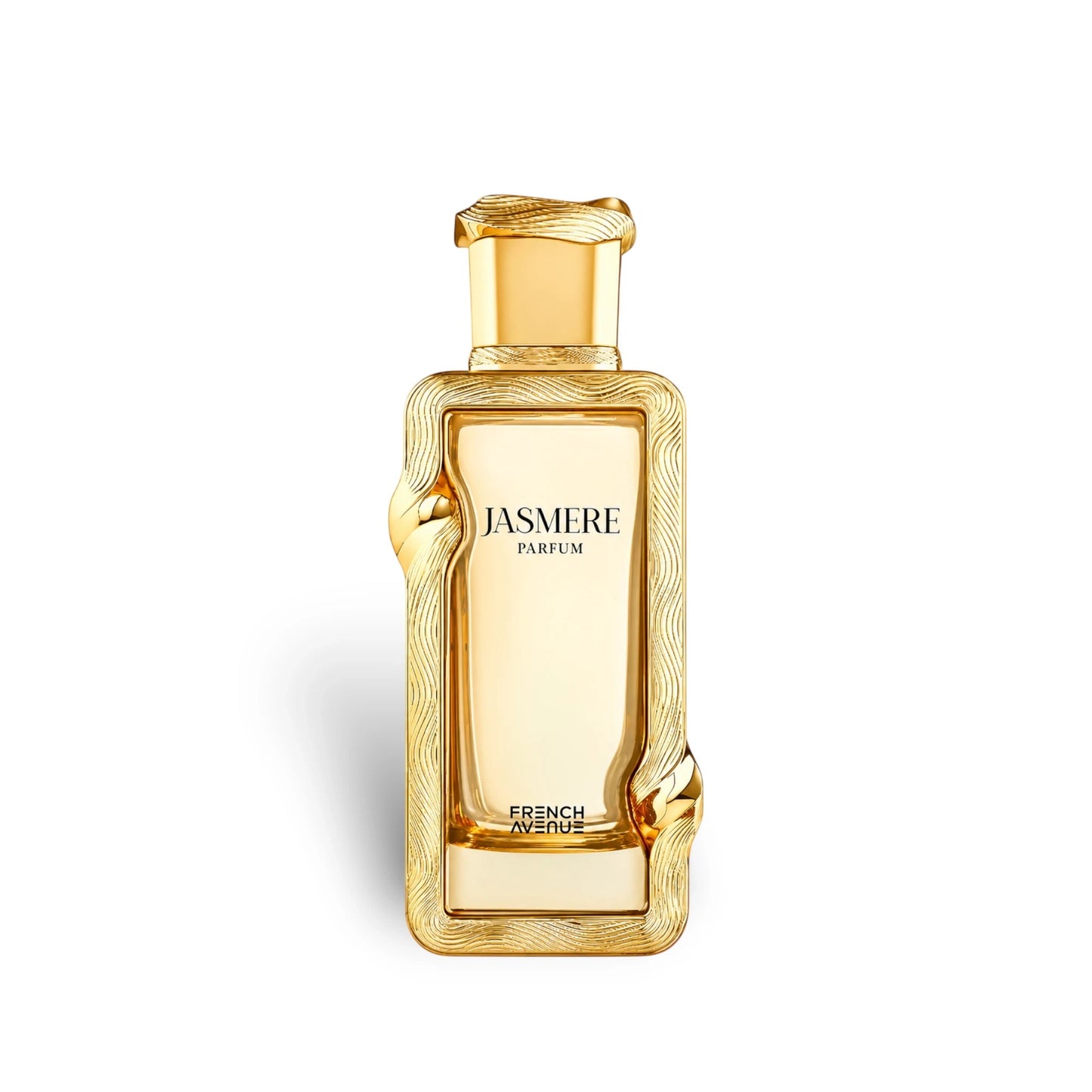 Soghaat Jasmere by French Avenue 100ml Extrait de Parfum in a rectangular gold bottle with ornate textured detailing.