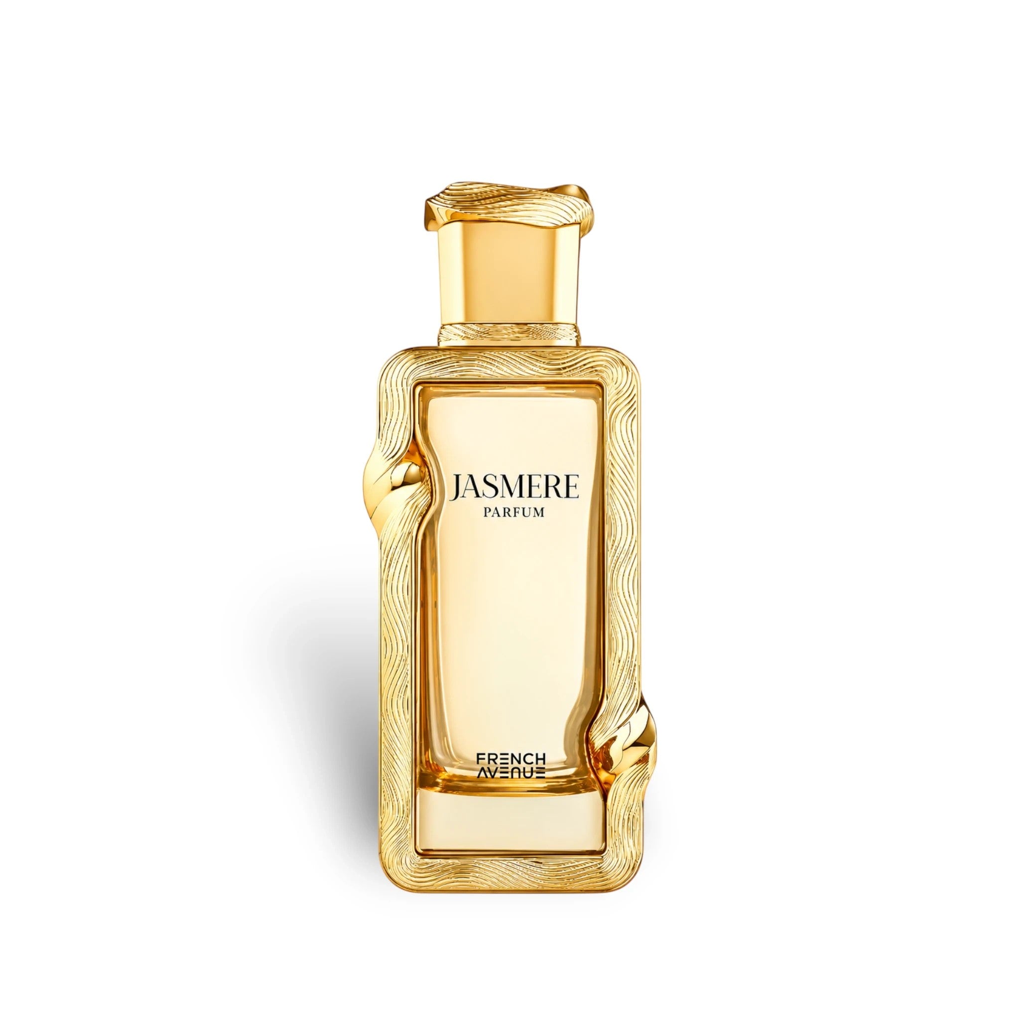 Soghaat Jasmere by French Avenue 100ml Extrait de Parfum in a rectangular gold bottle with ornate textured detailing.