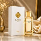 Soghaat Jasmere Extrait de Parfum by French Avenue in a gold bottle with white box on a marble surface.