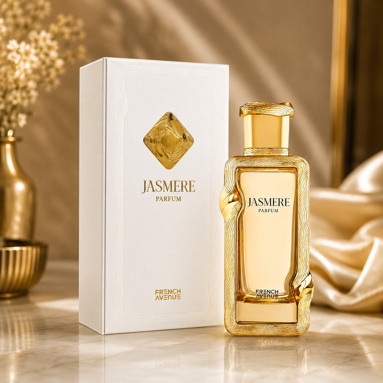 Soghaat Jasmere Extrait de Parfum by French Avenue in a gold bottle with white box on a marble surface.