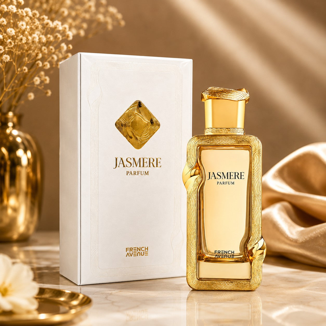 Soghaat Jasmere Extrait de Parfum by French Avenue in a gold bottle with white box on a marble surface.