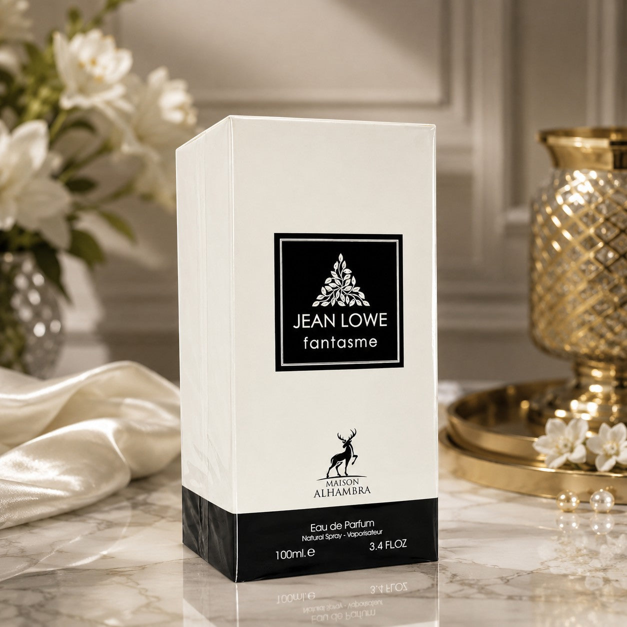 Soghaat Maison Alhambra Jean Lowe Fantasme 100ml unisex Eau de Parfum bottle in elegant white and black packaging.