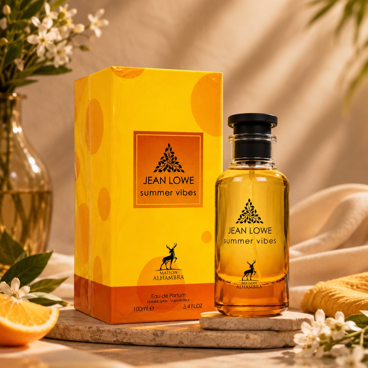 Soghaat Jean Lowe Summer Vibes Eau de Parfum bottle and yellow box with citrus and floral accents on a stone surface.