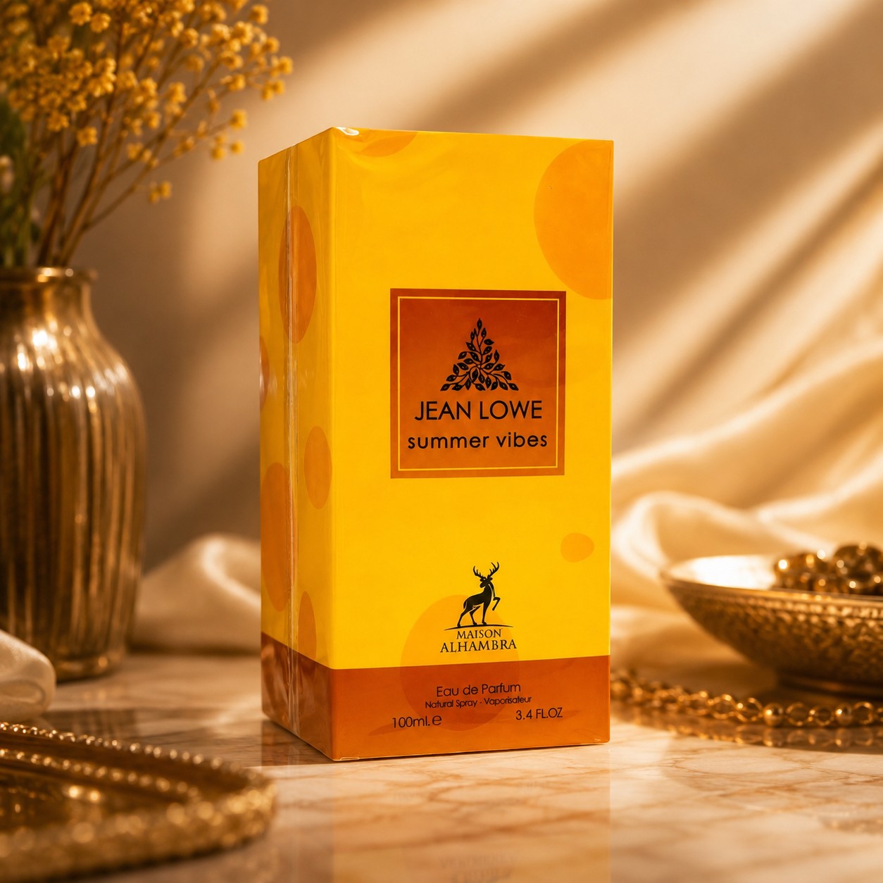 Soghaat Jean Lowe Summer Vibes Eau de Parfum 100ml bottle in a bright yellow box with citrus-inspired design