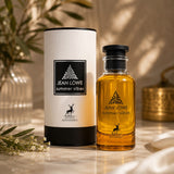Soghaat Jean Lowe Summer Vibes Eau de Parfum bottle and cylindrical box on a marble surface with soft lighting.