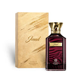 Soghaat Joud 100ml Eau de Parfum by Ahmed Al Maghribi in a deep red bottle with gold accents and textured gold box.