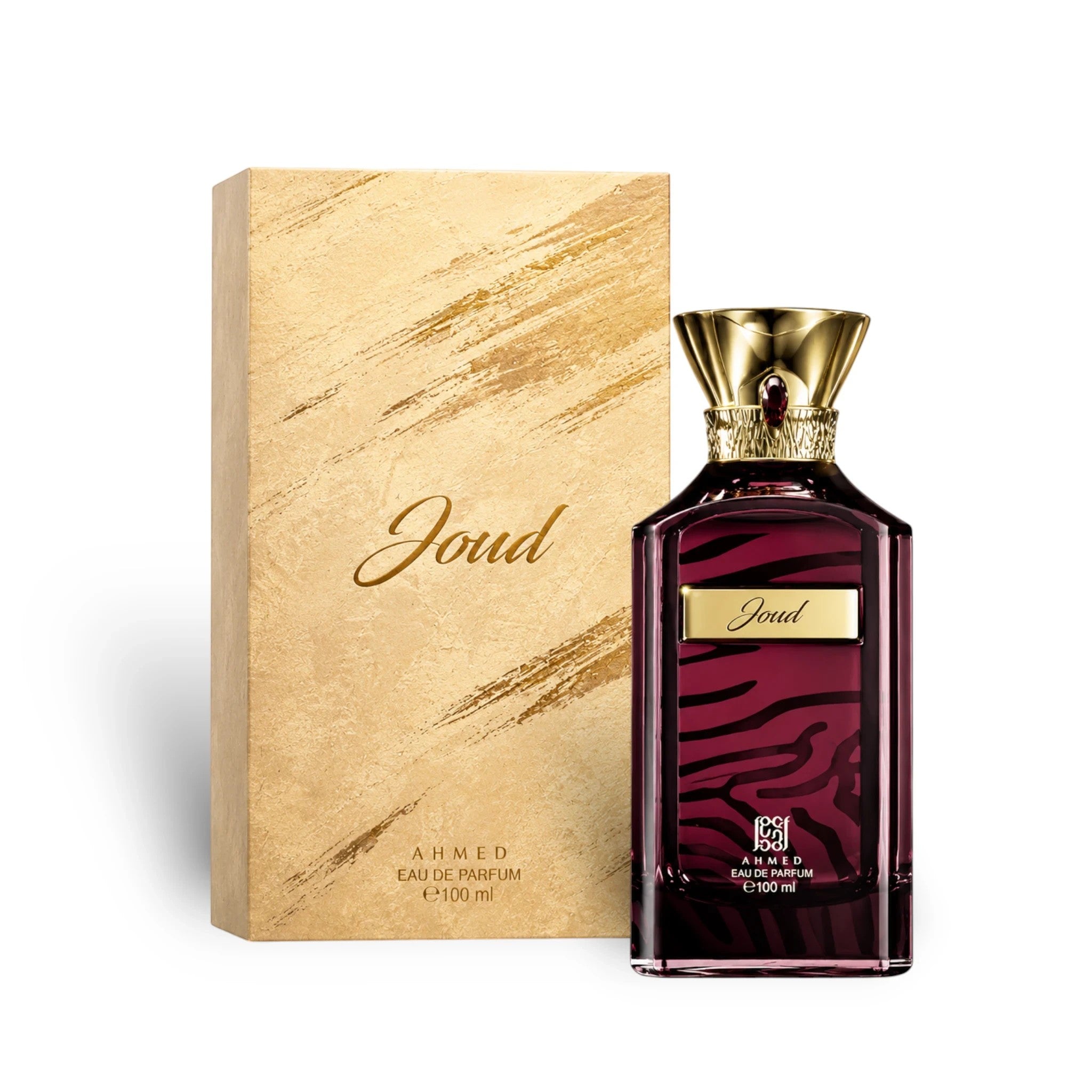 Soghaat Joud 100ml Eau de Parfum by Ahmed Al Maghribi in a deep red bottle with gold accents and textured gold box.