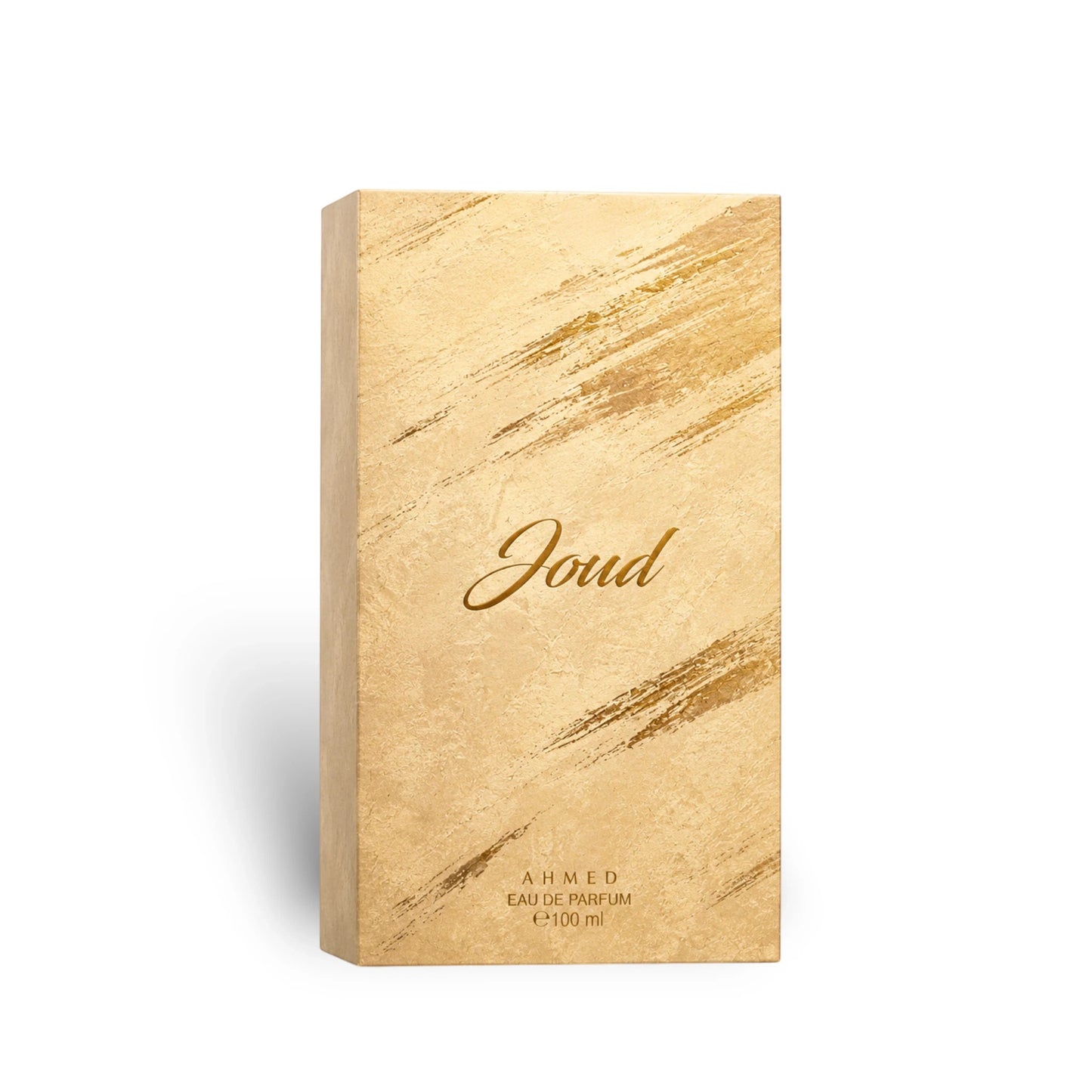 Soghaat Ahmed Al Maghribi Joud Eau de Parfum 100ml in a textured gold box with elegant brushstroke detailing.