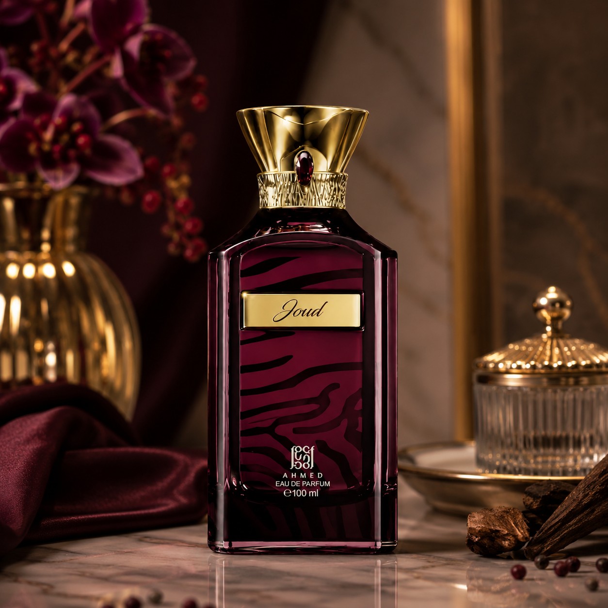 Soghaat Ahmed Al Maghribi Joud 100ml Eau de Parfum in a deep purple bottle with gold accents and zebra-print detail.