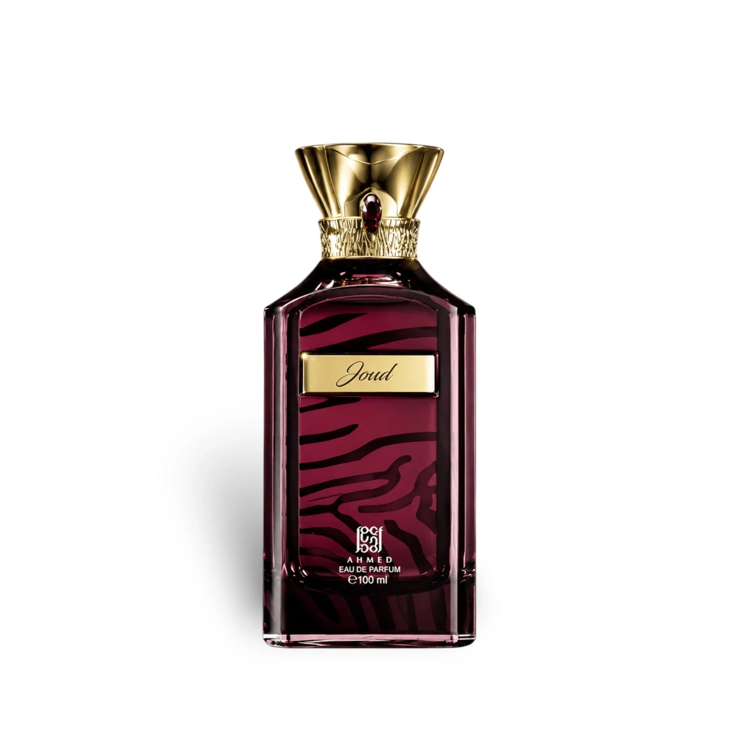 Soghaat Ahmed Al Maghribi Joud 100ml Eau de Parfum in a deep burgundy bottle with gold cap and zebra-stripe pattern.