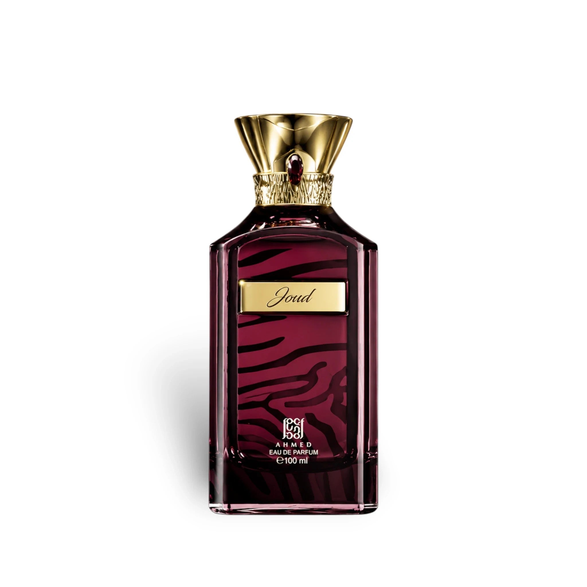 Soghaat Ahmed Al Maghribi Joud 100ml Eau de Parfum in a deep burgundy bottle with gold cap and zebra-stripe pattern.