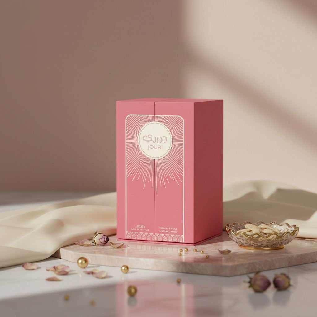 Soghaat Jouri 100ml Eau de Parfum for women, a fruity floral fragrance with notes of orange, cherry, raspberry, peony, vanilla, and patchouli.