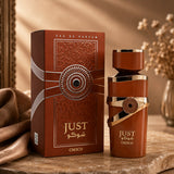 Soghaat Just Choco Eau de Parfum 100ml bottle and box, featuring a rich brown color with gold accents and intricate embossed patterns.