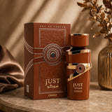 Soghaat Just Choco Eau de Parfum 100ml bottle and box, brown with gold accents, featuring vanilla and chocolate notes.
