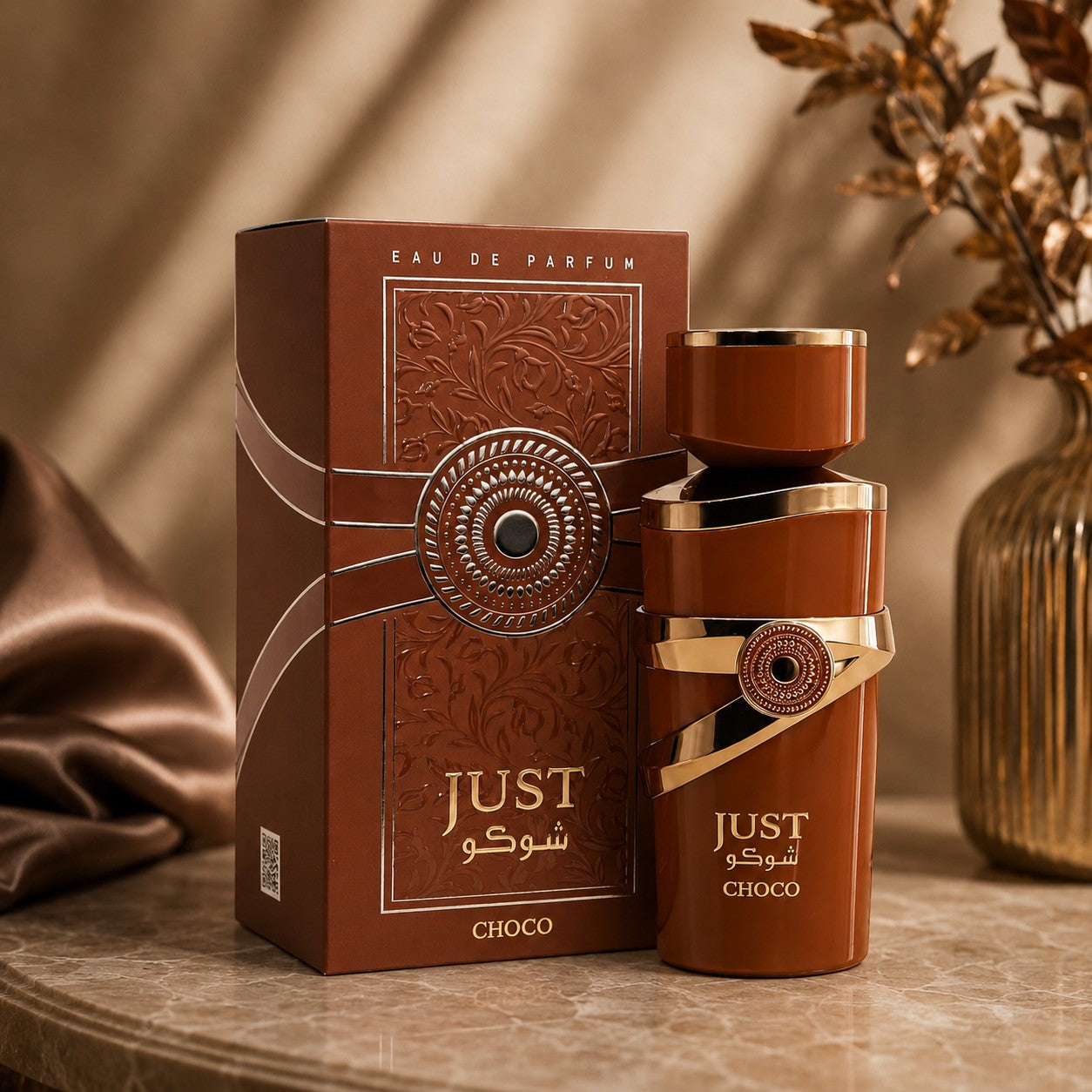 Soghaat Just Choco Eau de Parfum 100ml bottle and box, brown with gold accents, featuring vanilla and chocolate notes.