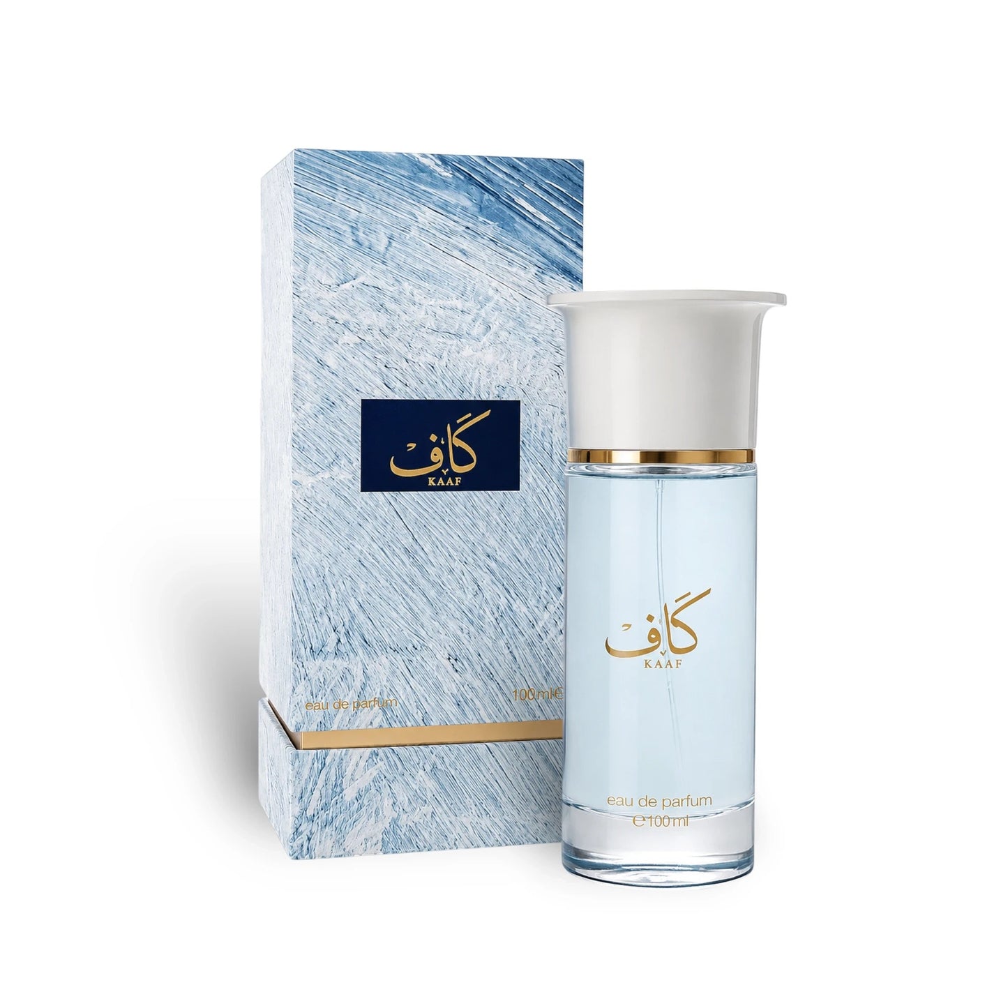 Soghaat Kaaf by Ahmed Al Maghribi 100ml unisex extrait de parfum bottle with blue liquid and textured blue box.
