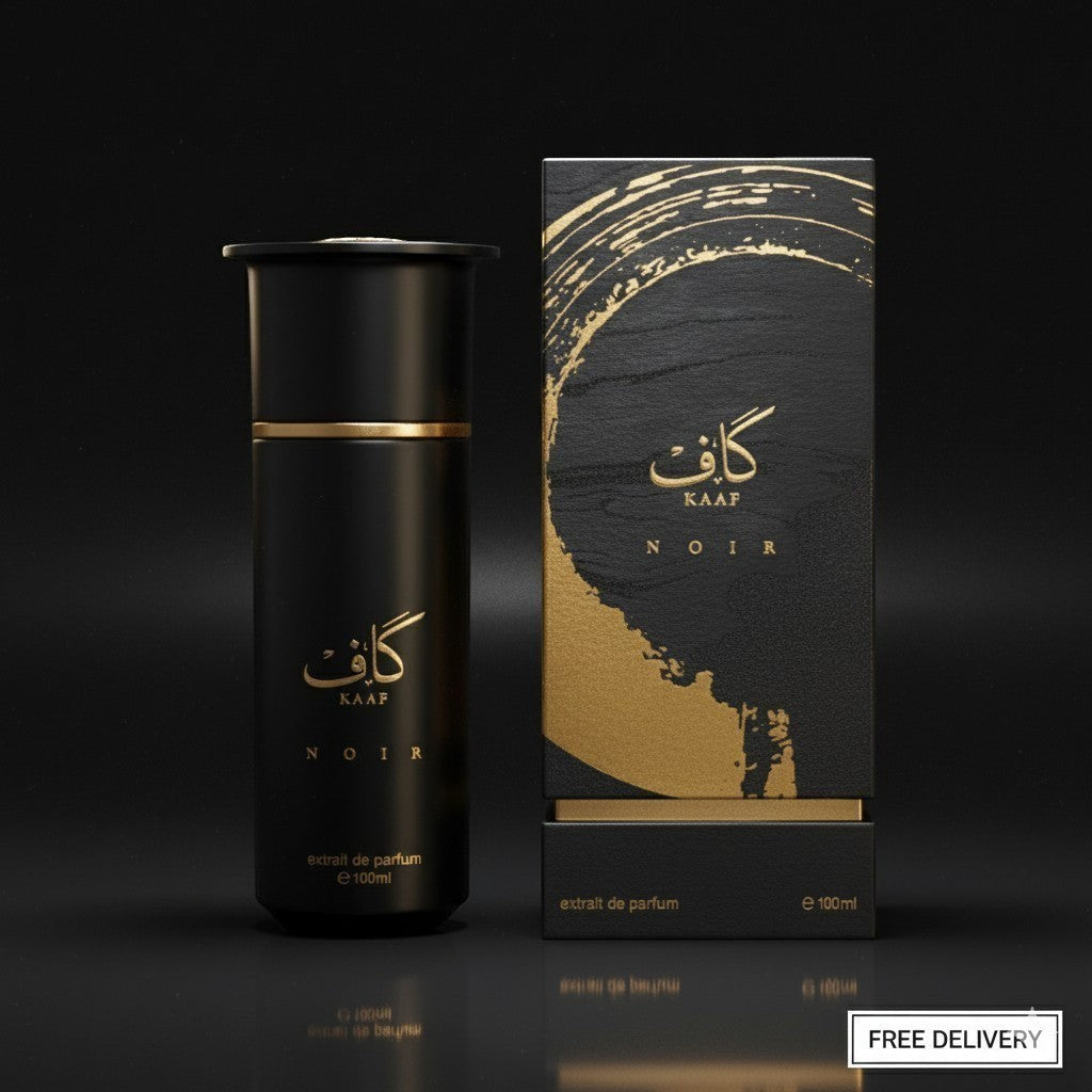 Soghaat Kaaf Noir 100ml Extrait de Parfum bottle and box, featuring Arabic script and gold accents on black.