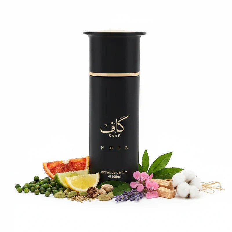 Soghaat Kaaf Noir Extrait de Parfum 100ml, a unisex woody floral amber oriental fragrance with notes of citrus, oud, rose, and musk.