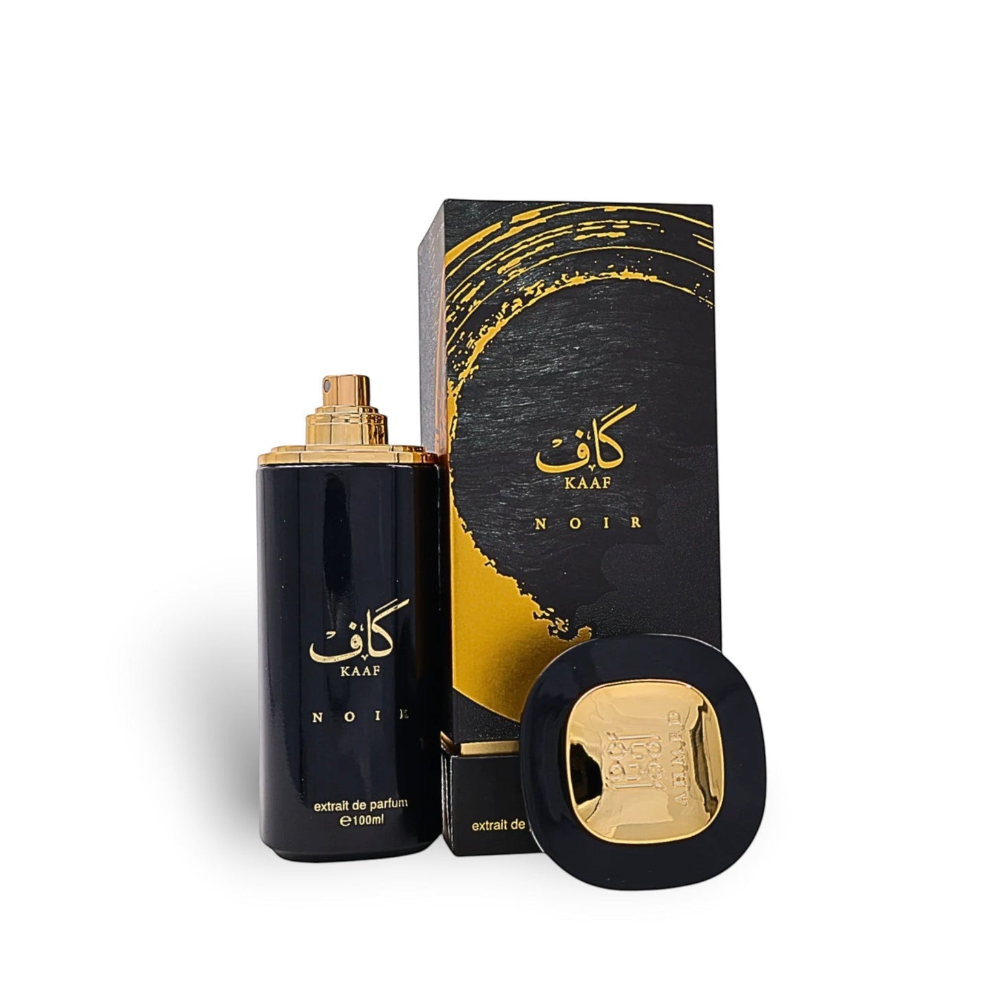 Soghaat Kaaf Noir 100ml Extrait de Parfum bottle and box, featuring Arabic script and gold accents. Woody, floral, amber oriental unisex fragrance.
