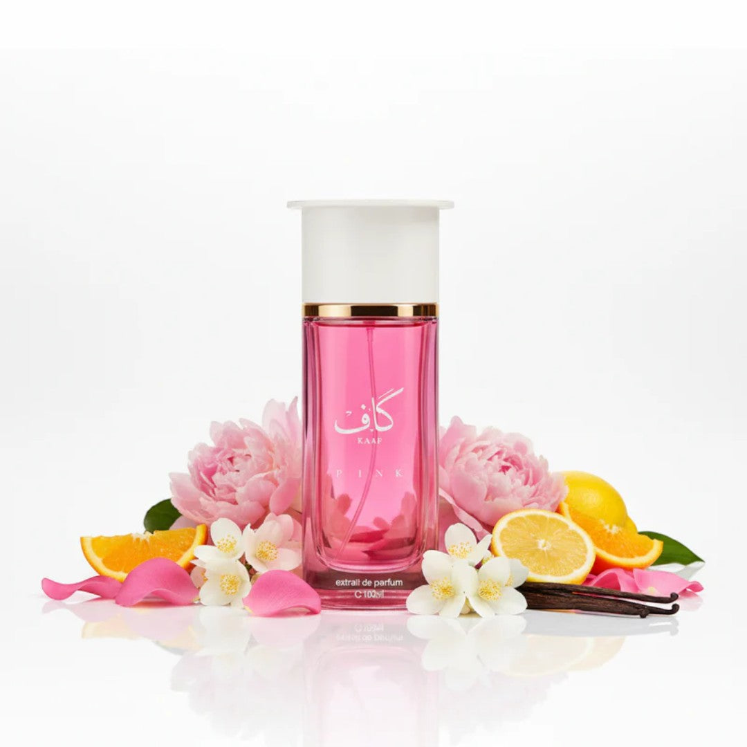 Soghaat Kaaf Pink Extrait de Parfum for men, a woody, fresh citrus, and floral fragrance with notes of bergamot, jasmine, and rose.
