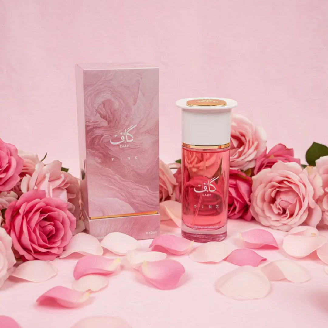 Soghaat Kaaf Pink Extrait de Parfum for men, a woody, fresh citrus and floral fragrance with notes of Bergamot, Jasmine, and Rose.