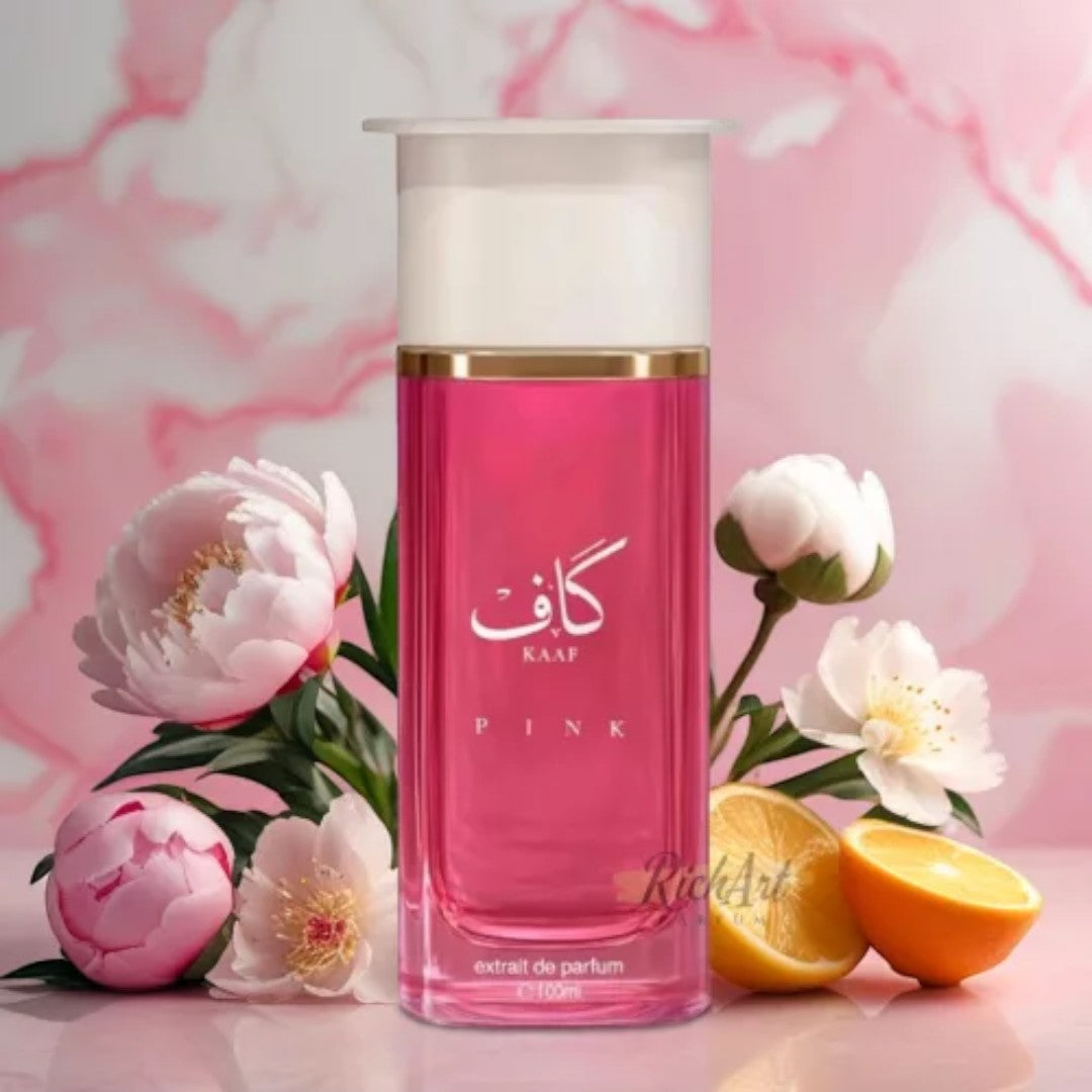 Soghaat Kaaf Pink Extrait de Parfum, a vibrant pink fragrance bottle with floral and citrus accents. Woody, fresh, and floral notes.