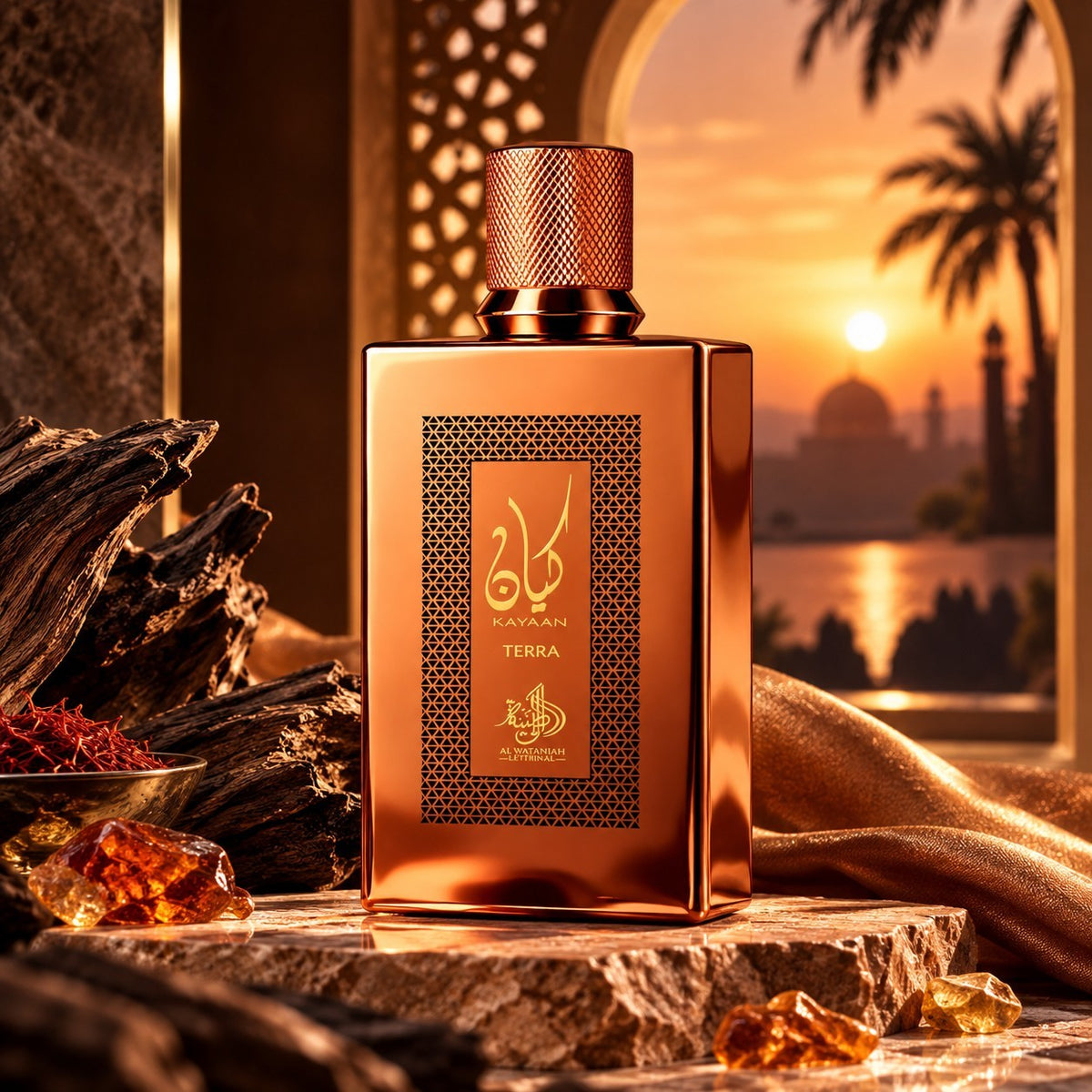 Soghaat Kayaan Terra Eau de Parfum bottle in metallic bronze, set against a sunset desert backdrop with resin and wood.