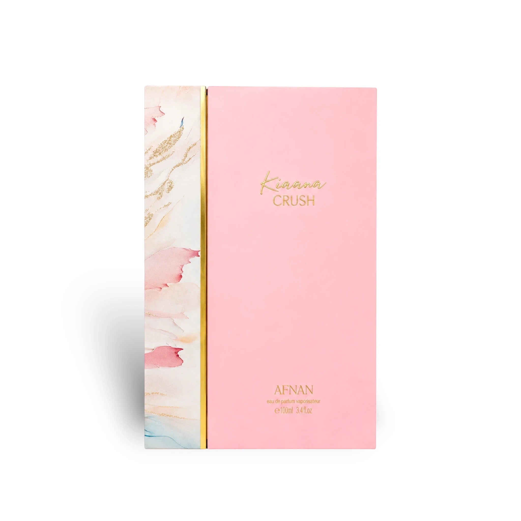 Soghaat Afnan Kiaana Crush 100ml Eau de Parfum in a pink box with gold lettering and a marble-patterned side panel.