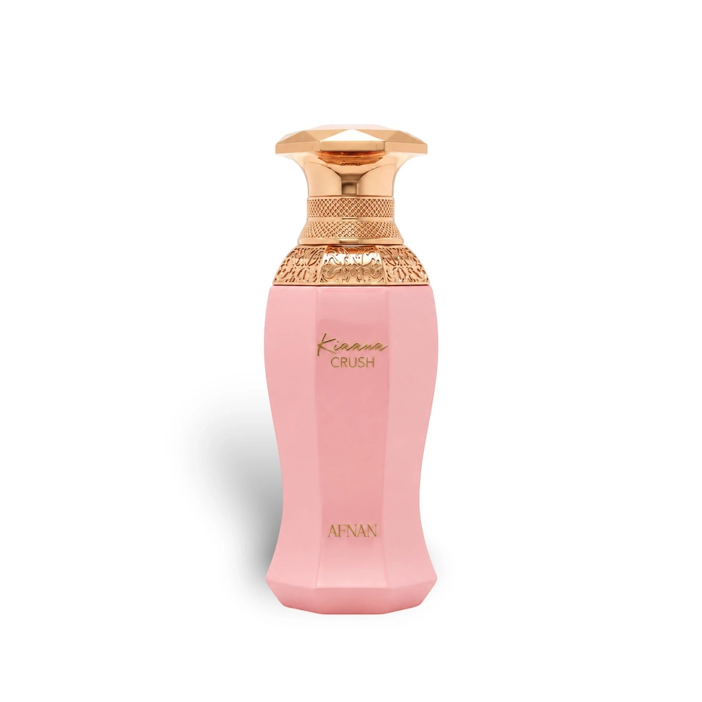 Soghaat Afnan Kiaana Crush Eau de Parfum in a pink bottle with an ornate gold cap, an amber oud woody women's scent.