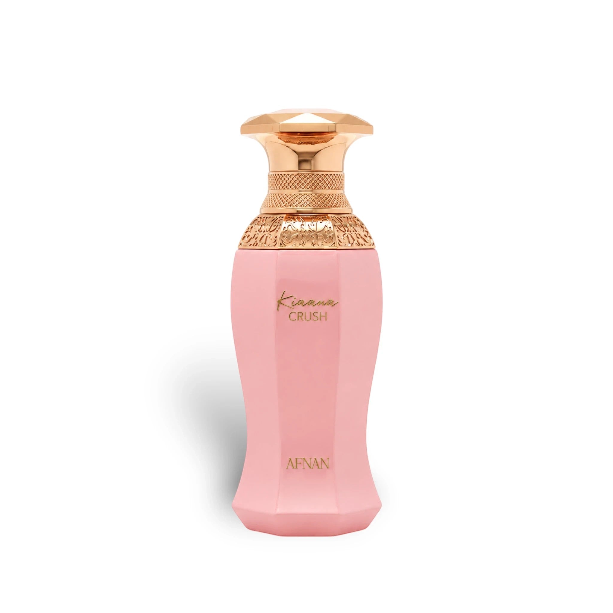 Soghaat Afnan Kiaana Crush Eau de Parfum in a pink bottle with an ornate gold cap, an amber oud woody women's scent.