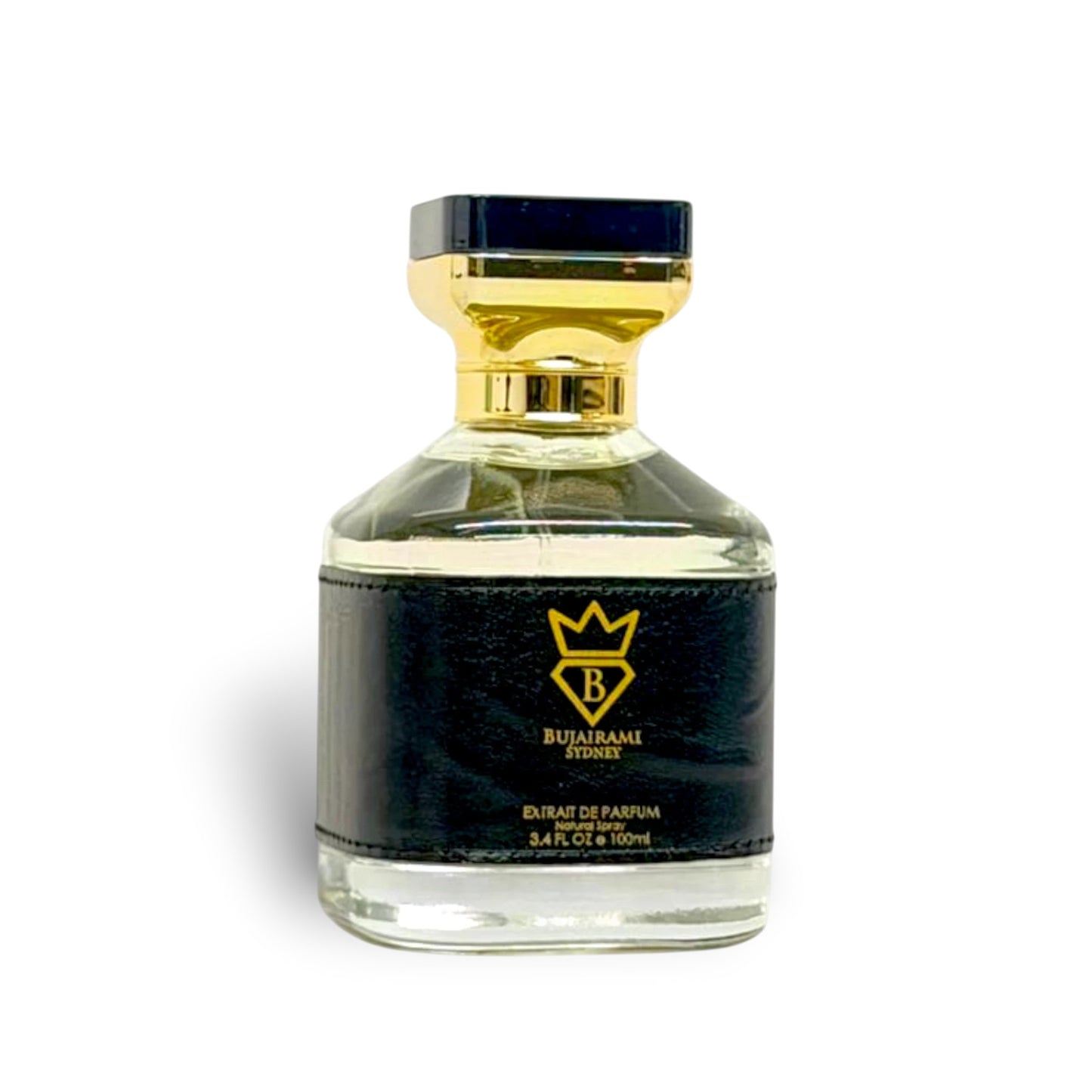 Soghaat Kingsman Extrait de Parfum bottle with gold cap and black textured label featuring a crown logo and text.