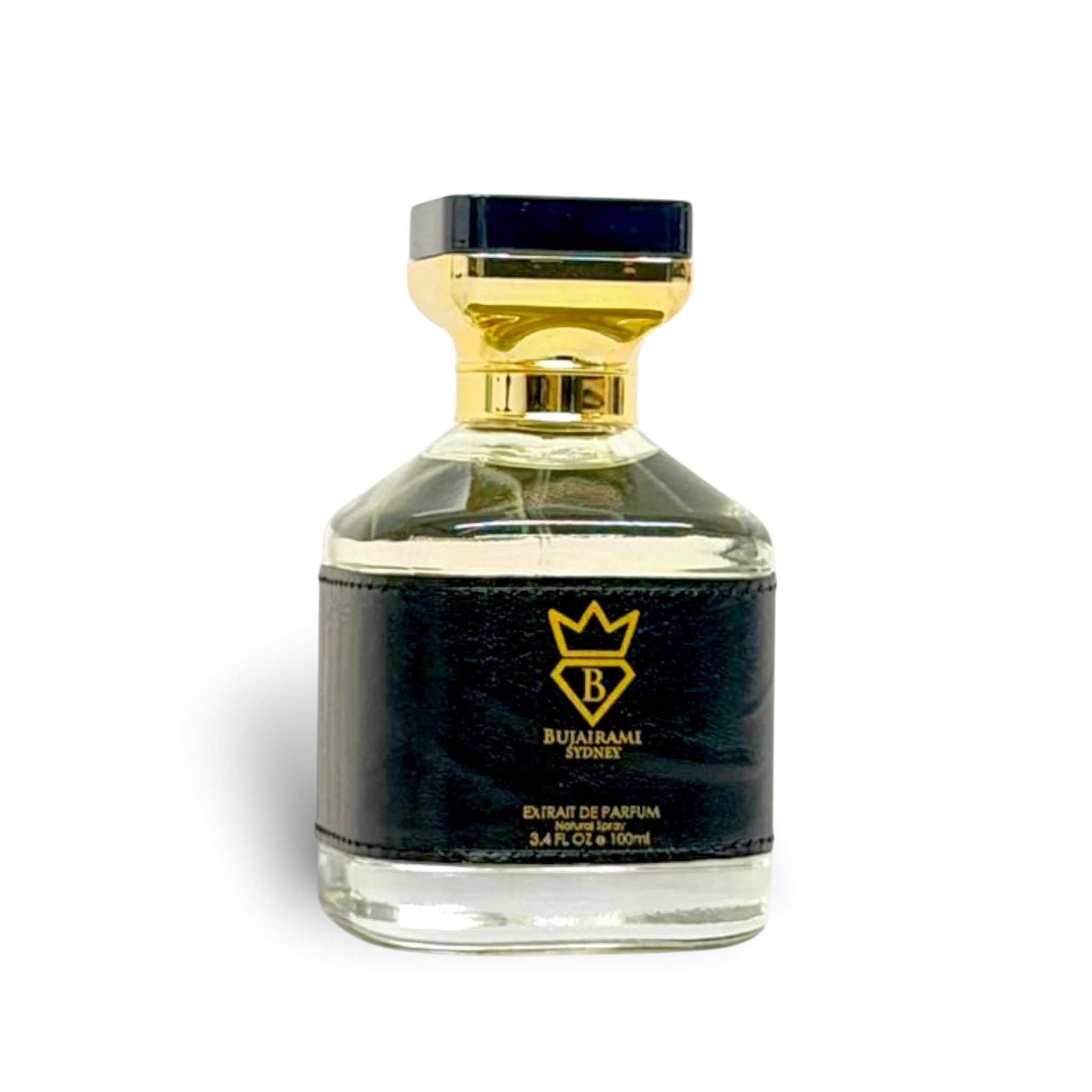 Soghaat Kingsman Extrait de Parfum bottle with gold cap and black textured label featuring a crown logo and text.