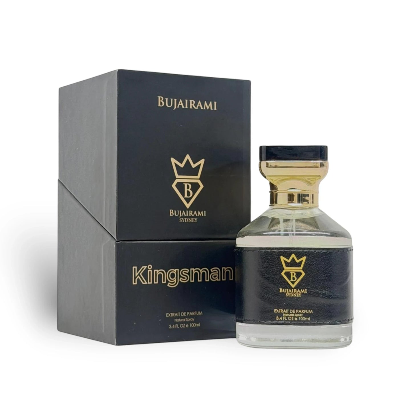 Soghaat Kingsman Extrait de Parfum by Bujairami, a 100ml bottle with a black leather-like band and gold accents, next to its black presentation box.