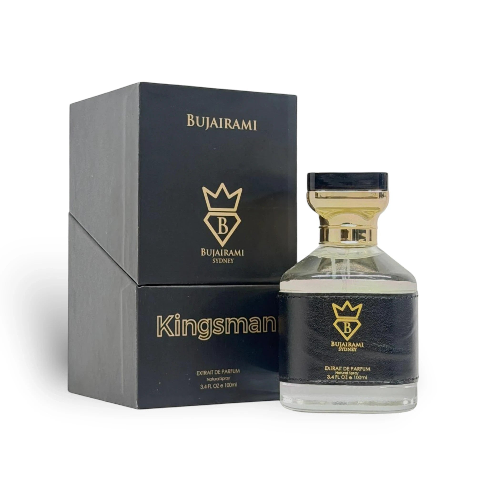 Soghaat Kingsman Extrait de Parfum by Bujairami, a 100ml bottle with a black leather-like band and gold accents, next to its black presentation box.