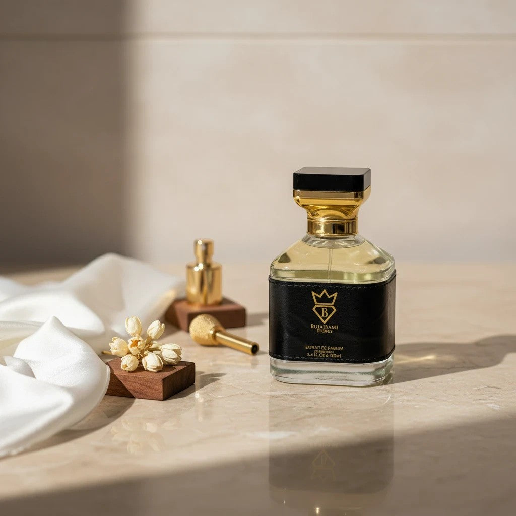 Soghaat Kingsman 100ml Extrait de Parfum, a fresh woody aromatic fragrance for men with a black leather label and gold accents.