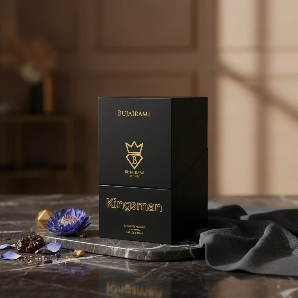 Soghaat Kingsman Extrait de Parfum by Bujairami, a fresh woody aromatic fragrance for men in a black box.