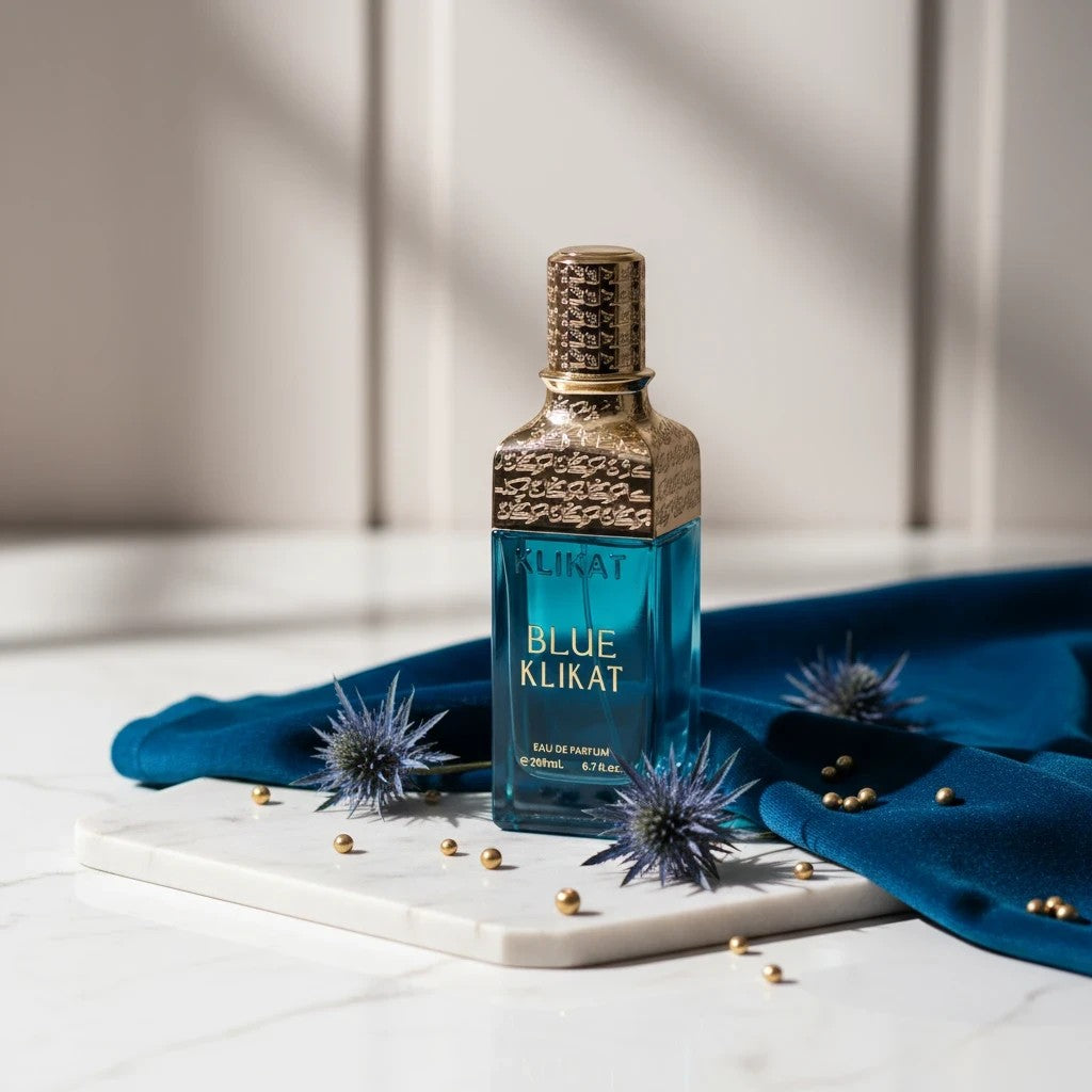 Soghaat Klikat Blue 200ml Eau de Parfum, a unisex fresh citrus woody fragrance with a blue glass bottle and gold accents.