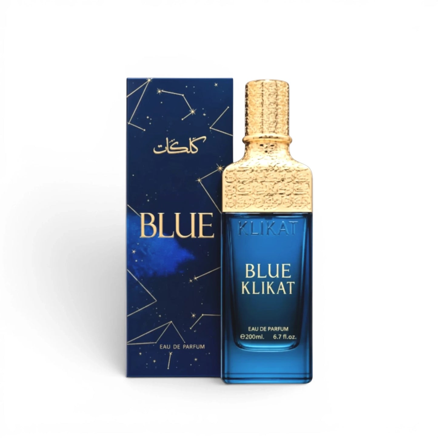 Soghaat Klikat Blue 200ml Eau de Parfum for unisex, a fresh citrus woody fragrance with a blue bottle and gold cap.