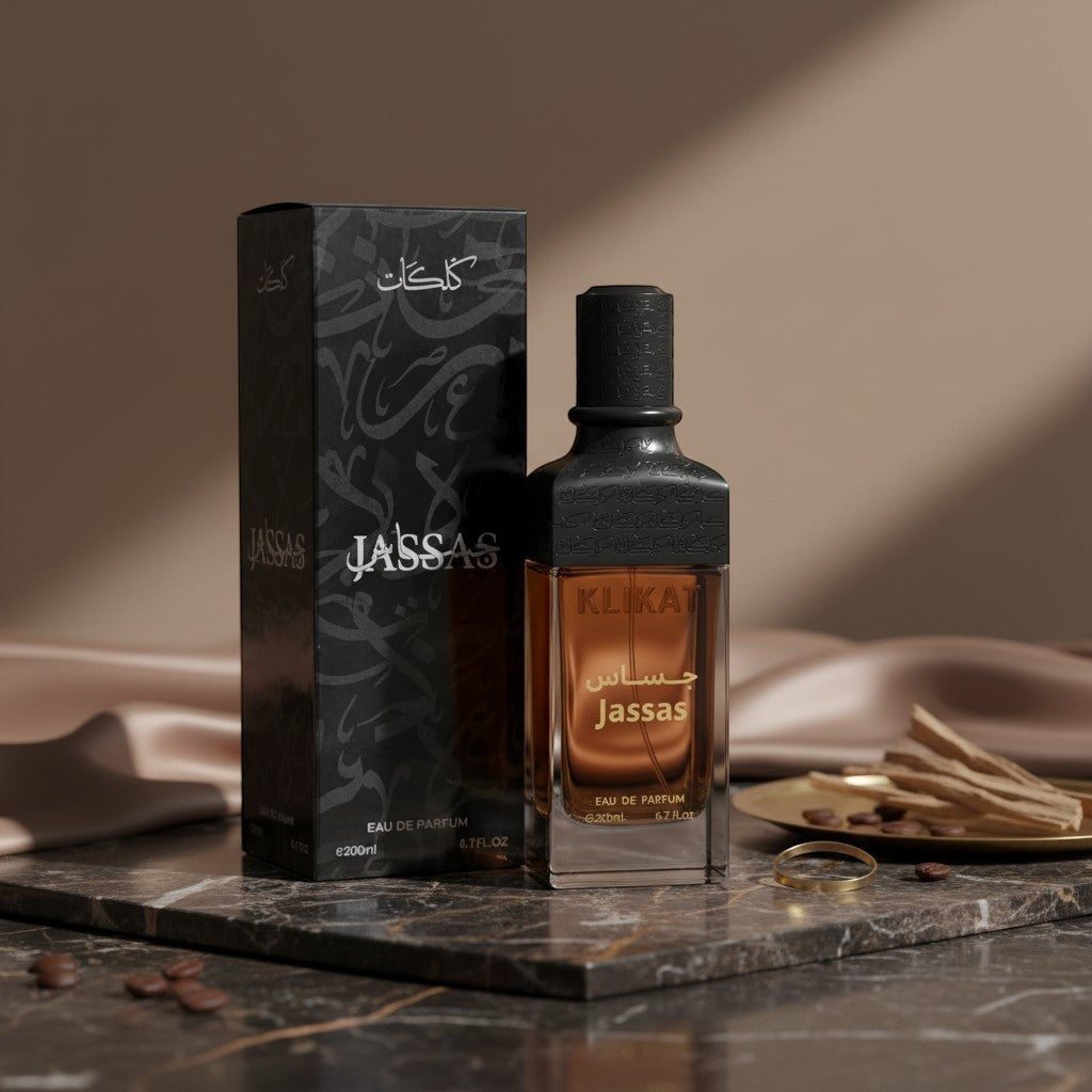 Soghaat Klikat Jassas 200ml Eau de Parfum for men, amber spicy woody fragrance with orange blossom and vanilla notes.