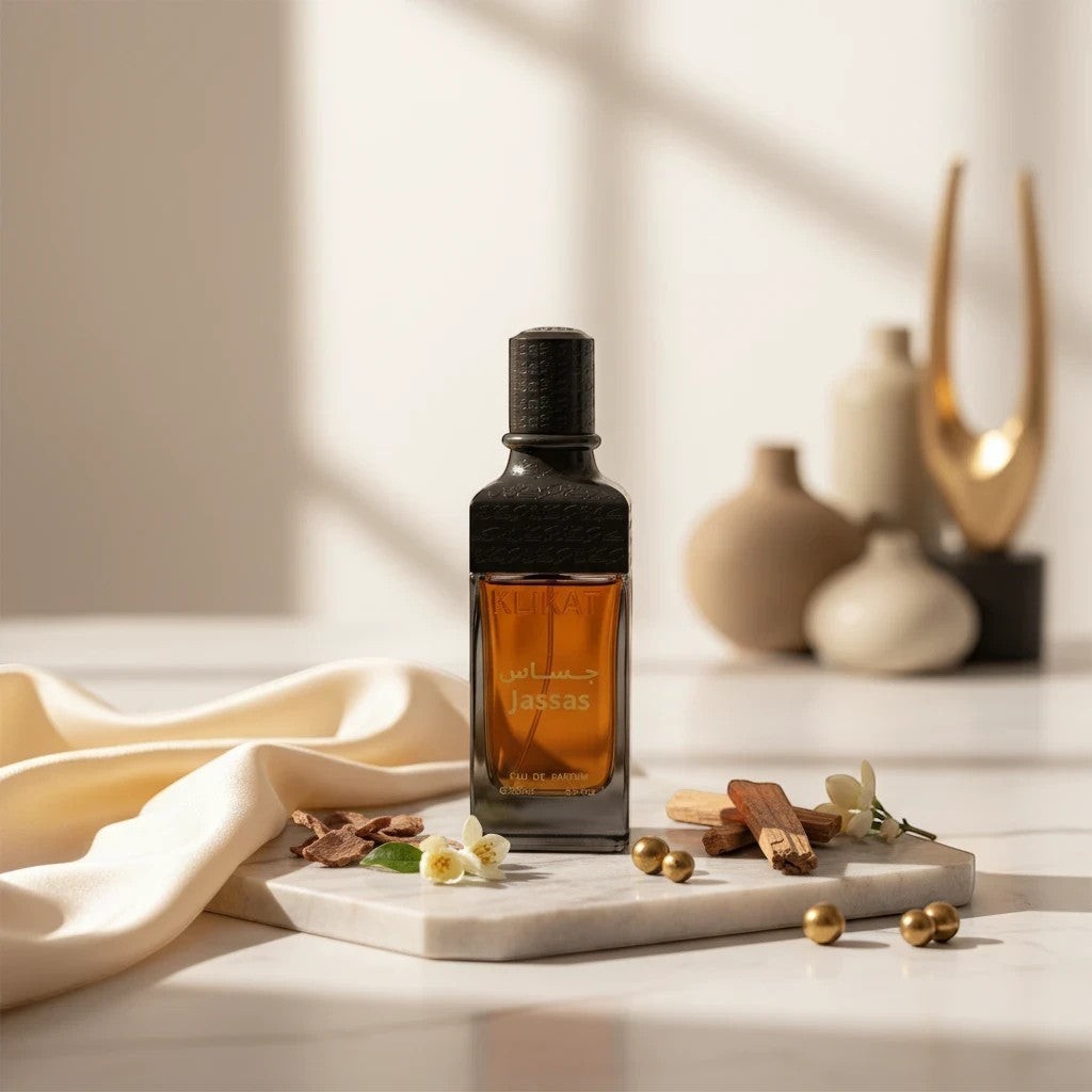 Soghaat Klikat Jassas 200ml Eau de Parfum for men, amber spicy woody fragrance with orange blossom and vanilla notes.
