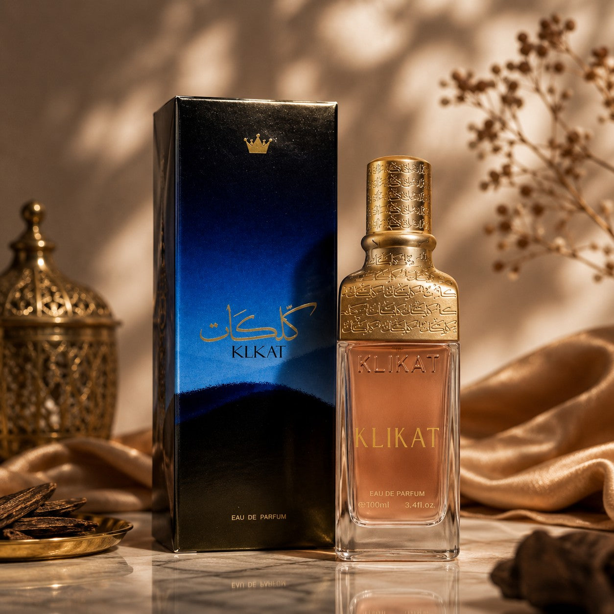 Soghaat Klikat Times 200ml Eau de Parfum bottle and box, unisex citrus floral amber fragrance with gold accents.