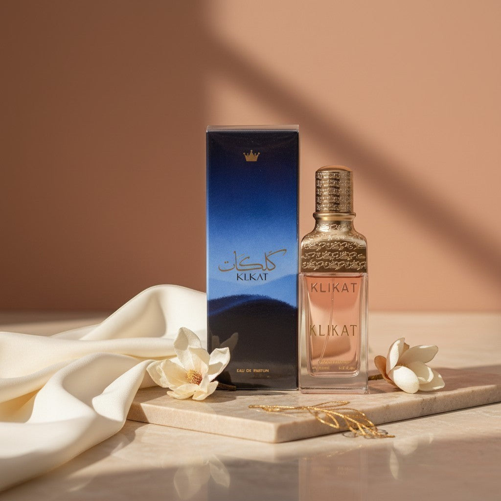 Soghaat Klikat Times 200ml Eau de Parfum bottle and box, unisex citrus floral amber fragrance with orange blossom and white amber notes.