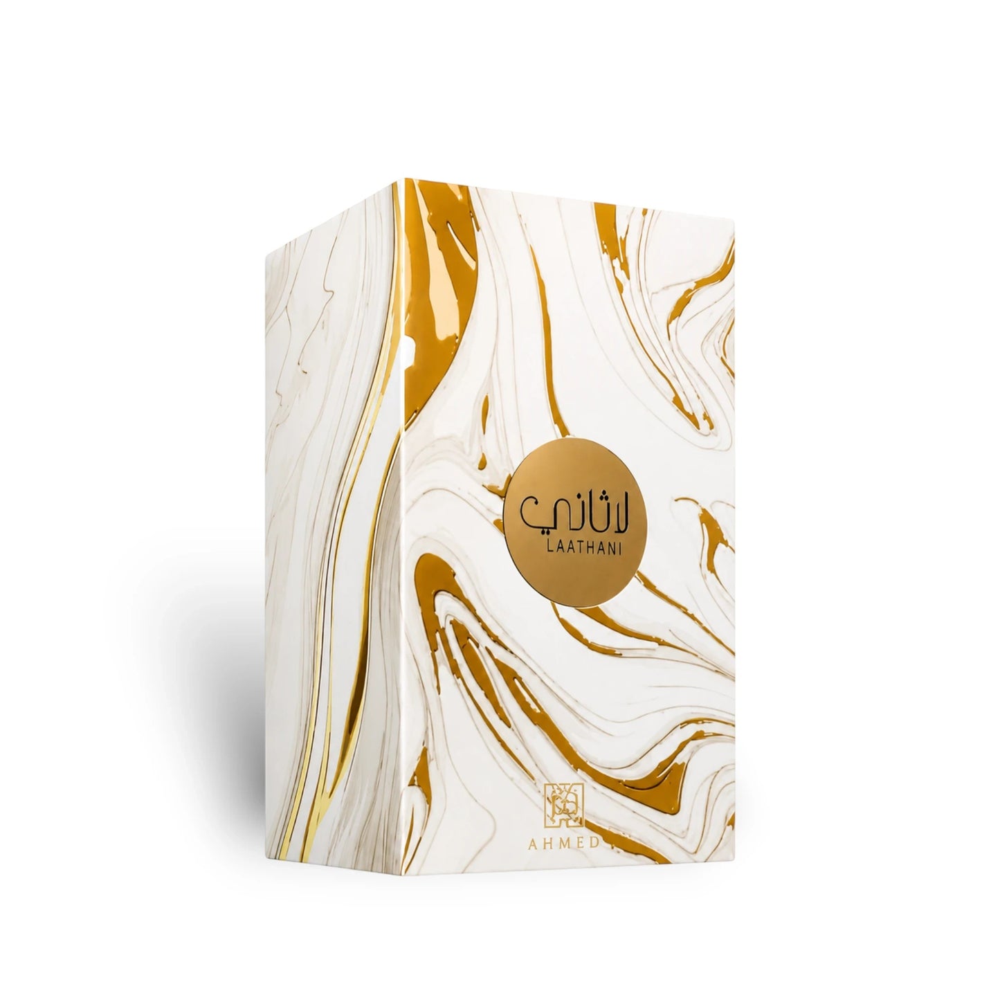 Soghaat Laathani Eau de Parfum by Ahmed Al Maghribi in a white and gold marble-patterned box with circular logo