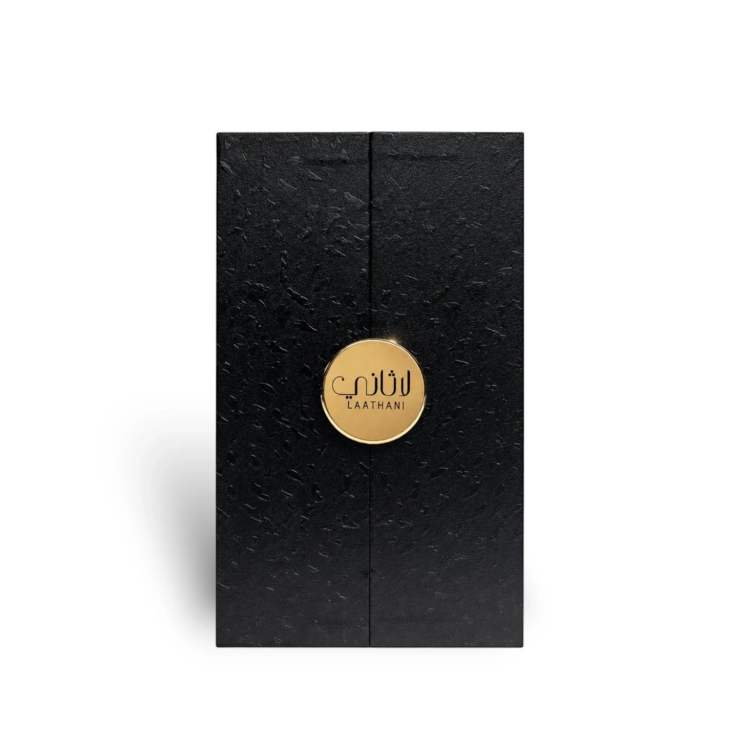 Soghaat Ahmed Al Maghribi Laathani Eau de Parfum black textured presentation box with a gold circular logo emblem.