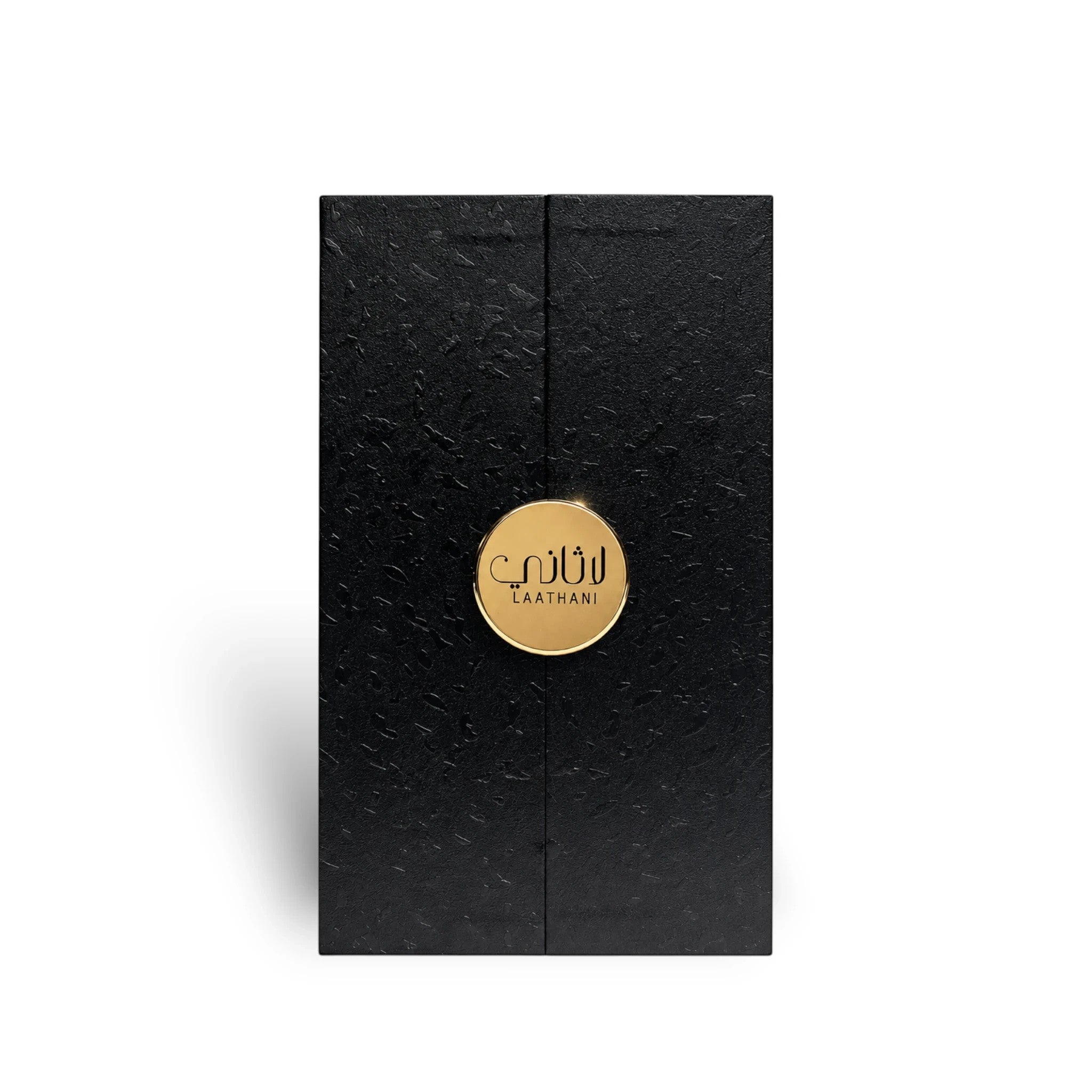 Soghaat Ahmed Al Maghribi Laathani Eau de Parfum black textured presentation box with a gold circular logo emblem.