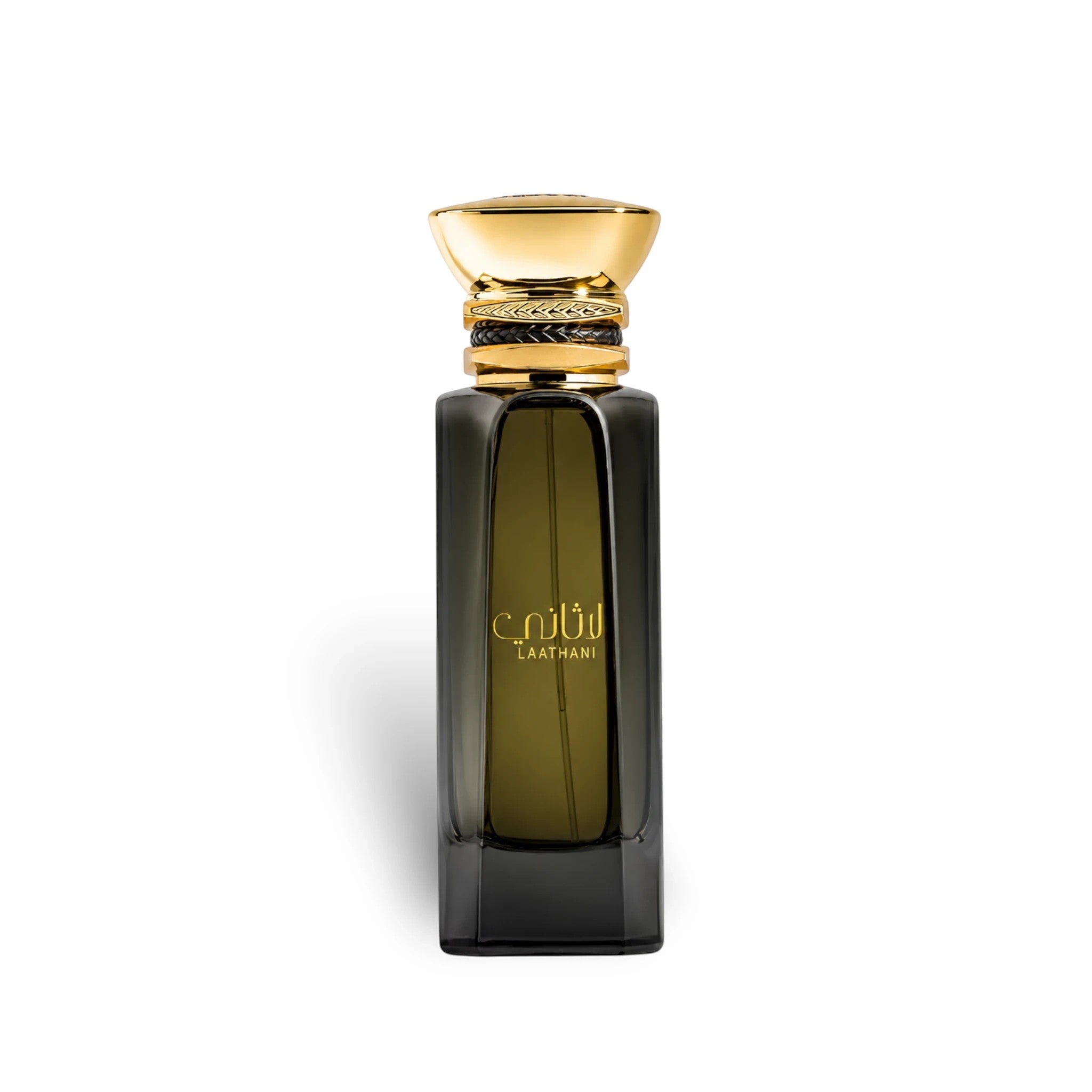 Soghaat Ahmed Al Maghribi Laathani Eau de Parfum in a sleek dark glass bottle with a gold cap and intricate collar.